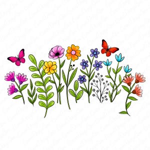 Puede incluir: Una ilustración colorida de una variedad de flores y mariposas. Las flores son en tonos de rosa, amarillo, naranja, azul y morado. Las mariposas son rojas y rosas.
