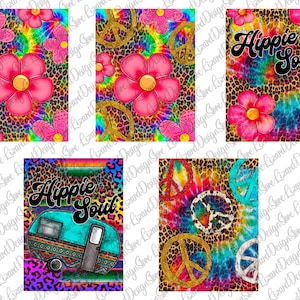 May include: Six digital designs featuring a tie-dye background with peace signs and flowers. The designs also include the text "Hippie Soul" in a retro font.