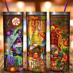Happy Hallowthanksmas 20 oz Skinny Tumbler Halloween PNG, Sublimation Design DIGITAL,Christmas png, Thanksgiving PNG, Funny Holiday Design