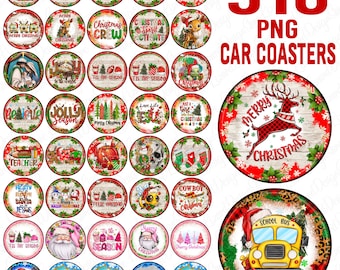 Paquete de 510 posavasos navideños para coche, posavasos redondos para coche, posavasos navideños para coche por sublimación, posavasos de Papá Noel para coche, posavasos navideños para coche PNG imprimibles