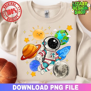 Dibujos animados del espacio PNG, astronauta PNG, dibujos animados del espacio PNG, planetas coloridos PNG, imágenes prediseñadas del espacio del sol, diseño de sublimación de camisetas