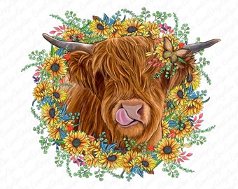 western sunflower cow Png Sublimation Design,Western Sunflower Png, sunflower cow Clipart png, Cow png, watercolor cow ,instant Download