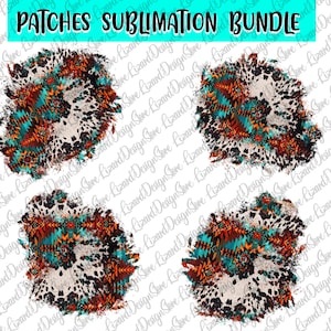 May include: Four digital sublimation patches featuring a white background with a brown, orange, turquoise, and black geometric pattern. The pattern is layered over a white and black animal print.