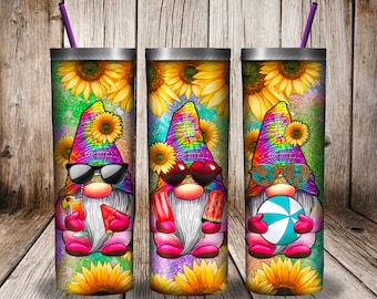 Vaso de girasol con gnomo en formato PNG, vaso delgado de 20 oz con texto Hola verano, vaso de sublimación con gnomo, gnomo de verano en formato PNG, envoltura para vaso con gnomo feliz de verano