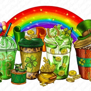 May include: Four green and brown coffee cups with whipped cream and gold coins. The cups are decorated with shamrocks, horseshoes, and a leprechaun hat. A rainbow is in the background.
