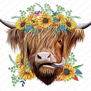 western highland cow with sunflower bouquet Png,Sunflowers Png Sublimation Design,Western Cow Png, Farmlife Cow Png, Cow Clipart, Cow Png