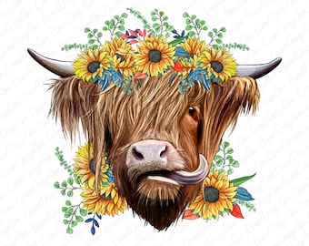 western highland cow with sunflower bouquet Png,Sunflowers Png Sublimation Design,Western Cow Png, Farmlife Cow Png, Cow Clipart, Cow Png