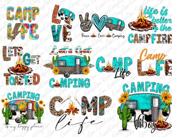 May include: A set of 10 digital designs featuring a camper van, campfire, and text related to camping. The designs are in a variety of colors and patterns, including tie-dye, leopard print, and cowhide.