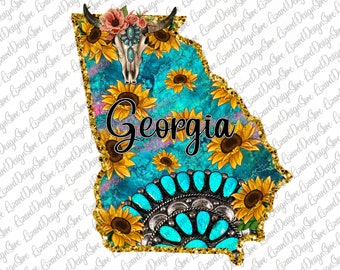 Georgia Sunfloral Gemstone Map,Georgia  State, Boho Skull, Georgia  Map,Georgia  Sublimation, Georgia  States, Sunflower,Map,Sublimation Png
