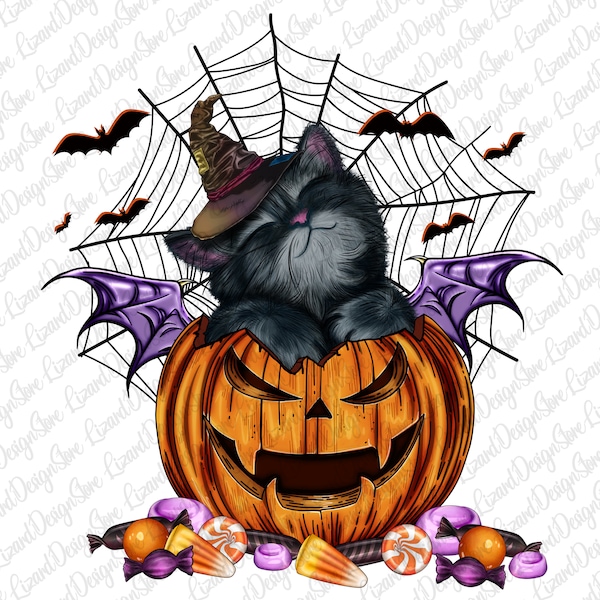 Halloween Black Cat Pumpkin PNG Sublimation Design,Baby Cat With Pumpkin Halloween Png File, Pumpkin Spooky Season Png, Digital Download