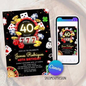 Invitación de cumpleaños editable de casino, noche de casino, fiesta de cumpleaños de póquer de 30, 40 y 50 años, juego de cartas de póquer, plantilla de invitación imprimible