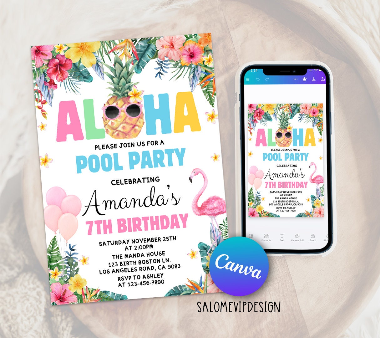 Editable Aloha Pool Party Invitation, Summer Tropical Birthday Pool ...