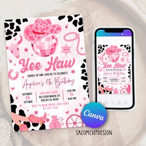 Editable Pink Cowgirl Birthday Party Invitation, Yee Haw Cowgirl Party, Rodeo Birthday, Printable Space Cowgirl Birthday Invitation Template