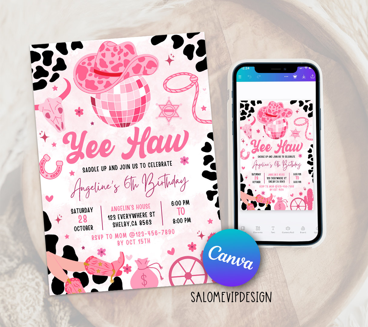 Editable Pink Cowgirl Birthday Party Invitation, Yee Haw Cowgirl Party, Rodeo Birthday, Printable Space Cowgirl Birthday Invitation Template