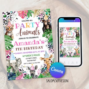 Invitation d'anniversaire modifiable appelant tous les fêtards, invitation d'anniversaire safari, fête d'anniversaire de zoo, modèle d'invitation imprimable
