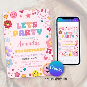 Invitación de carta de parche editable, invitación de cumpleaños de cara sonriente, fiesta de cumpleaños de chica retro groovy, plantilla de invitación de carta de parche imprimible