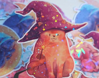 Adhesivo de vinilo holográfico resistente al agua Magical Wizard Cat