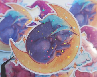 Cute Cat Sleeping On The Moon - holographic waterproof vinyl sticker