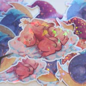 Dreamy Magical Cat Sleeping On A Cloud - holographic waterproof vinyl sticker