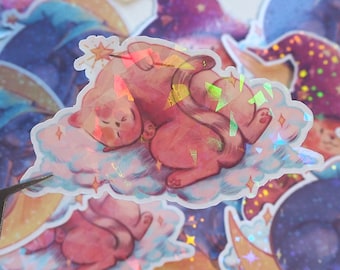 Dreamy Magical Cat Sleeping On A Cloud - holographic waterproof vinyl sticker