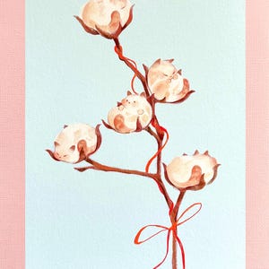 May include: A painting of a branch with five white cotton balls, each with a small cat curled up inside. The branch is tied with a red ribbon.