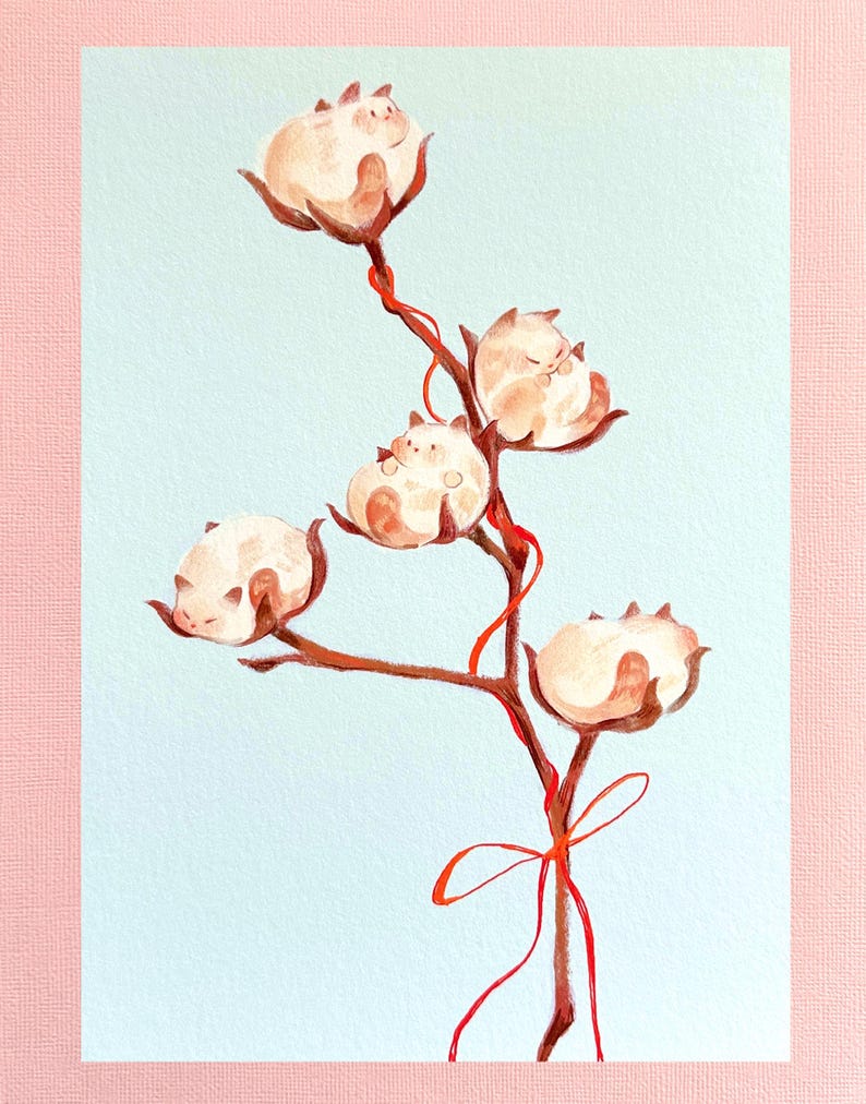 May include: A painting of a branch with five white cotton balls, each with a small cat curled up inside. The branch is tied with a red ribbon.