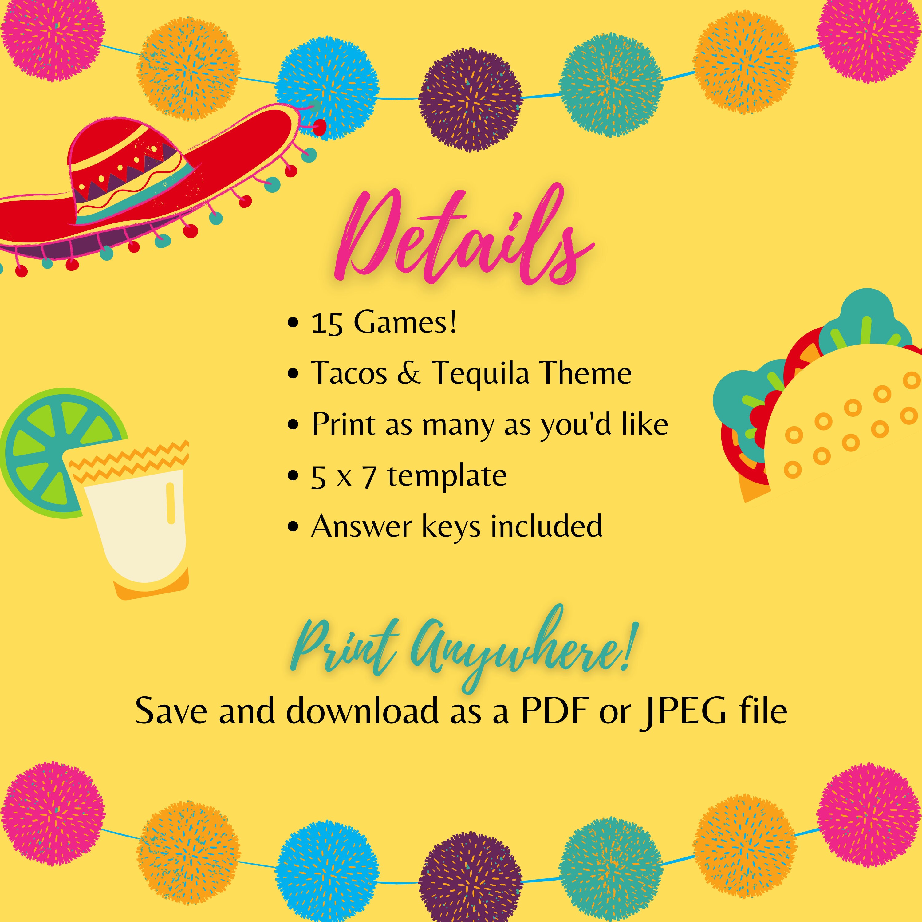 Bridal Shower Party Game Bundle Tacos and Tequila Fiesta Print Out Etsy
