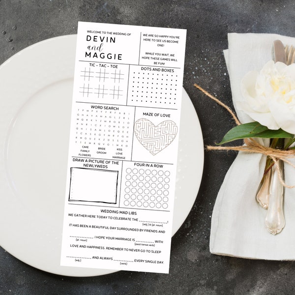 Customizable Wedding Reception Activity Sheet Game & Menu Template | Digital Download | Minimalist | Printable | Editable | DIY