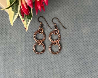 Antique Copper Circle Earrings, Handmade Boho Copper Earrings with Rustic Design