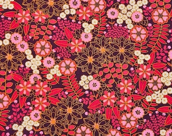 May include: A fabric with a dense floral pattern. The design features a deep burgundy background with a profusion of flowers in shades of red, pink, and cream, accented with orange and gold outlines. The overall effect is a vibrant, detailed floral print.