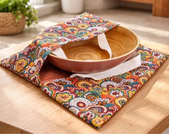 Bolsa para transportar tartas, bolsa plana para transportar tartas, estampado colorido, hecha a mano.