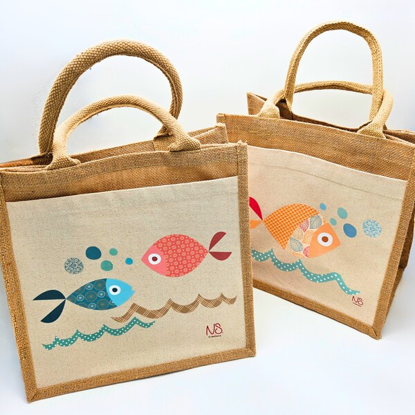 Sac cabas en toile de jute et coton dessins Poissons