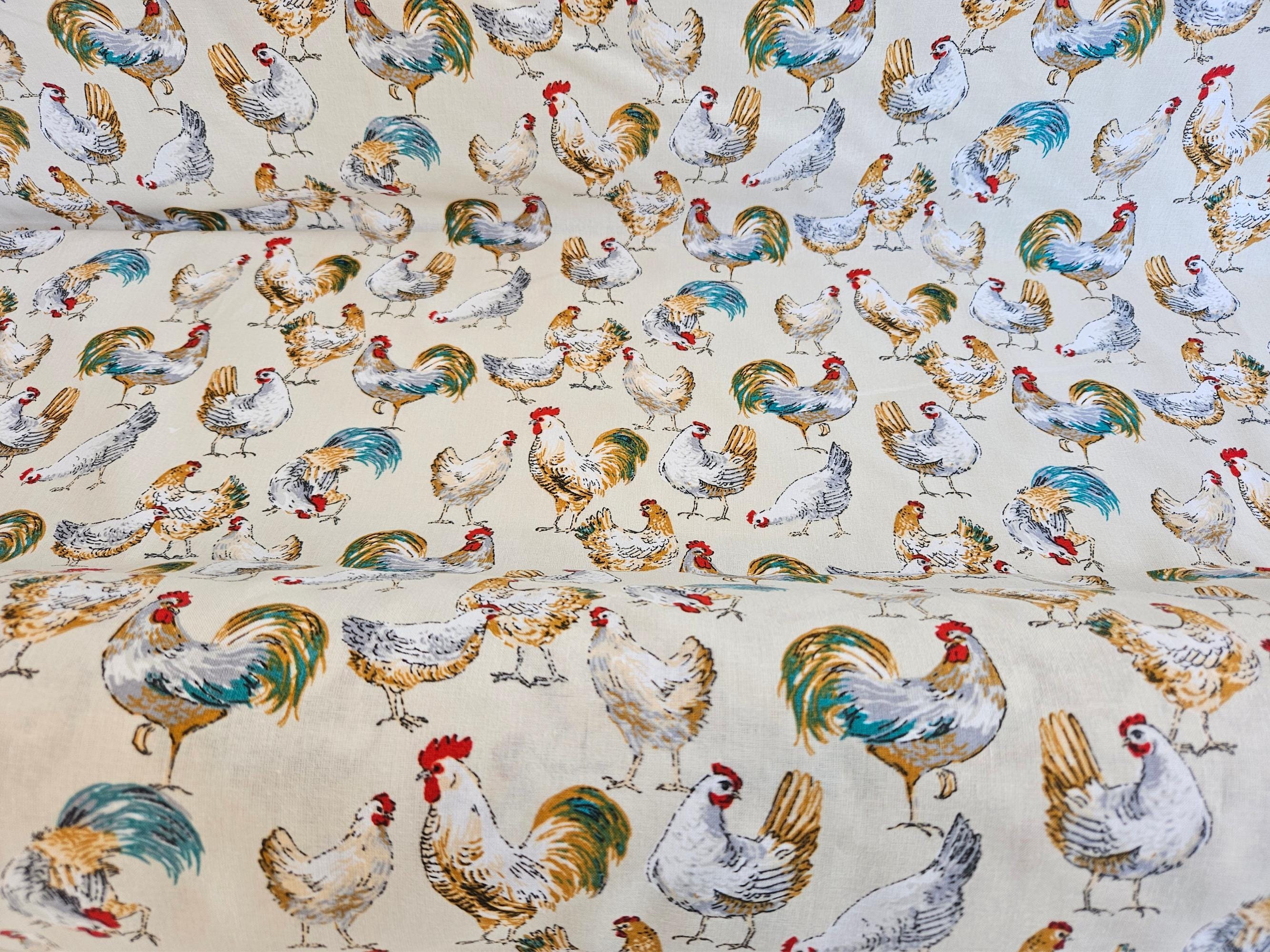 Coupon De Tissu Vintage Motif Poules Et Coq Sur Fond Carreaux Gris Perle - Coton - Pour Patchwork
