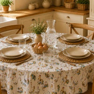 May include: A round tablecloth featuring a repeating pattern of colorful roosters and hens on a cream background. The table is set with four woven placemats, beige ceramic plates, clear glass tumblers, a glass carafe, and a small wicker basket.