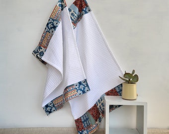 Honeycomb kitchen towel, "blue/rust patchwork" print