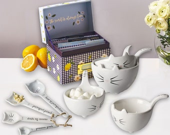 Ensemble de tasses et de cuillères à mesurer, Ensemble de 8 pièces de mesure en céramique, Ensemble de cuillères à mesurer en céramique blanche, Cadeau de pâtisserie chat, Panier cadeau pour la fête des Mères