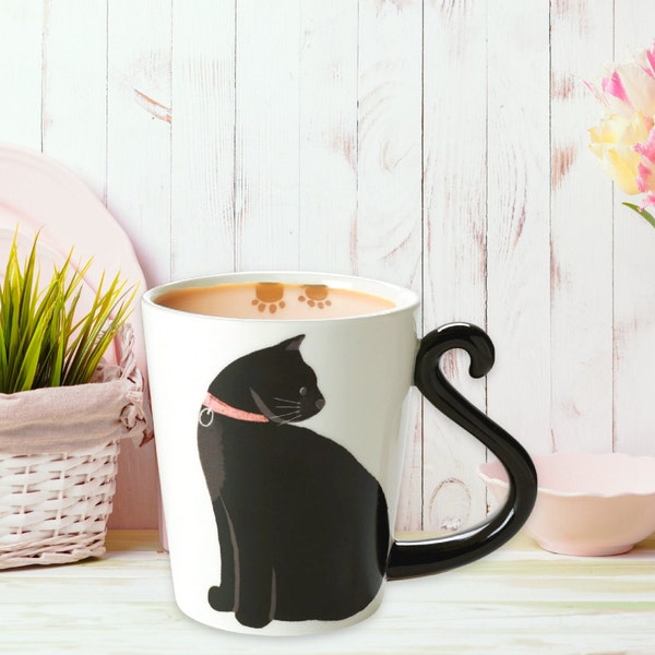 Kitty Cat Lover's Black Cat Ceramic Coffee Mug, Cat Mom Coffee Mug,  Crazy Cat Lady Gift, Animal Shaped Cat Mug Gift,