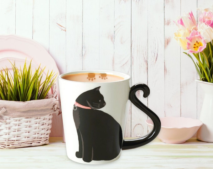 Kitty Cat Lover's Black Cat Ceramic Coffee Mug, Cat Mom Coffee Mug,  Crazy Cat Lady Gift, Animal Shaped Cat Mug Gift,