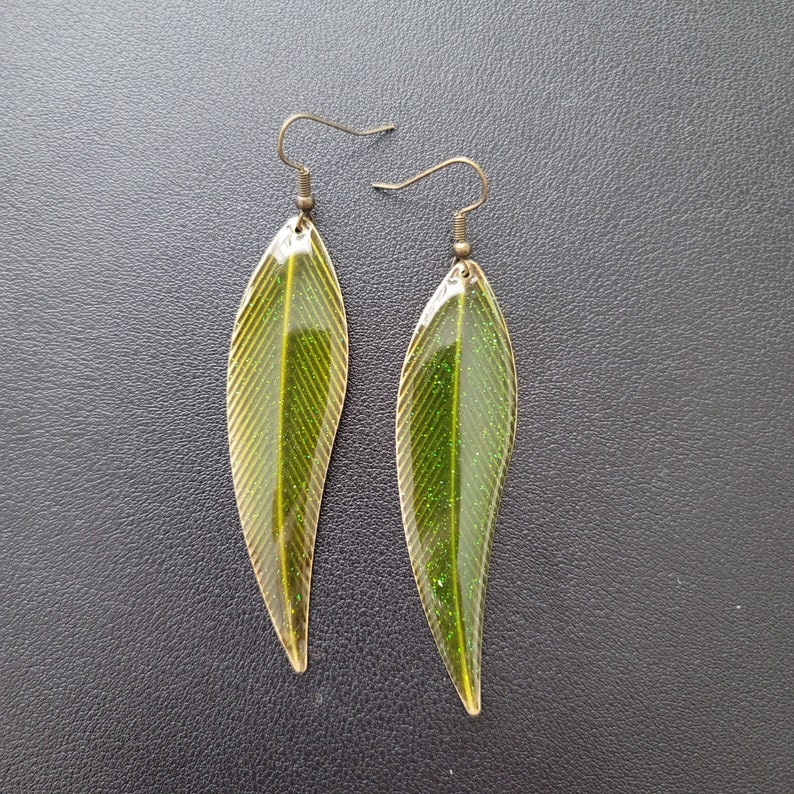 Green Metal Leaf Earrings image 1