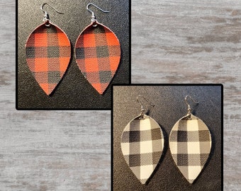 Faux Leather Buffalo Plaid Leaf Earrings - Choose Red/Black or White/Black