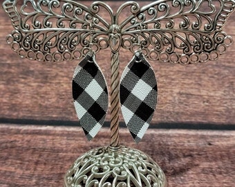 Faux Leather Buffalo Plaid Leaf Earrings