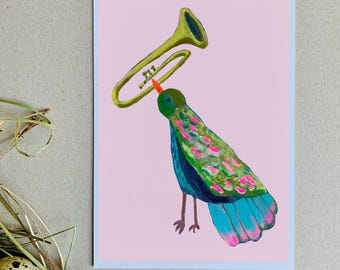 Cartão postal - Cartão de felicitações - Cartão - Ilustração - Primavera - Saudações - Presente - Pomba - Pássaro - Música