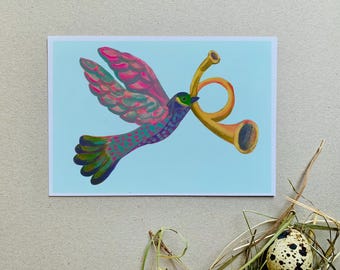 Cartão postal - Cartão de felicitações - Cartão - Ilustração - Primavera - Saudações - Presente - Pomba - Pássaro - Música