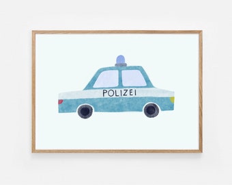 P O S T E R / K I N D E R/ Chambre d’enfants/ D E K O Chambre d’enfants/ D E K O Mur/ A U T O/ mobile/ Police/ voiture bleue/ Décoration murale