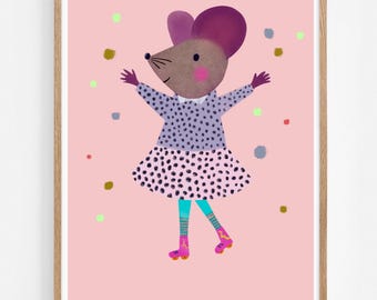 LÁMINA ARTÍSTICA/PÓSTER/LÁMINA ARTÍSTICA/Arte mural/Decoración de pared/Habitación infantil/Ilustración/Ratón/Patín/Confeti/Ratón patinador
