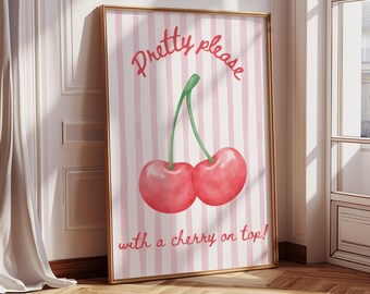 Muurprint kersen, schattige kers, mooie kers, Coquette kersenprint, preppy digitale print, eigenzinnigheid kersenprint, trendy girly decor