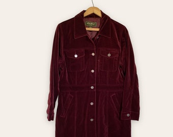 Vintage Eddie Bauer Women&#39;s Burgundy Velvet Long Sleeve Collared Shirt Dress PM Medium