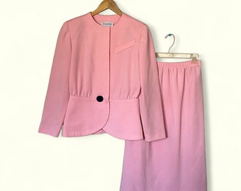 Vintage 70s Leslie Fay Pink Woolite Blazer Jacket & Midi Skirt Two Piece Set 10