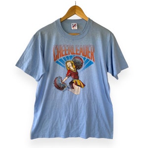 Vintage Retro Cheerleader Blue Single Stitch Jerzees Graphic T-Shirt -  Size Large