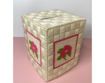 Vintage Pink Flower Needlepoint Plastic Canvas Tissue Box Cover Cottagecore Decor